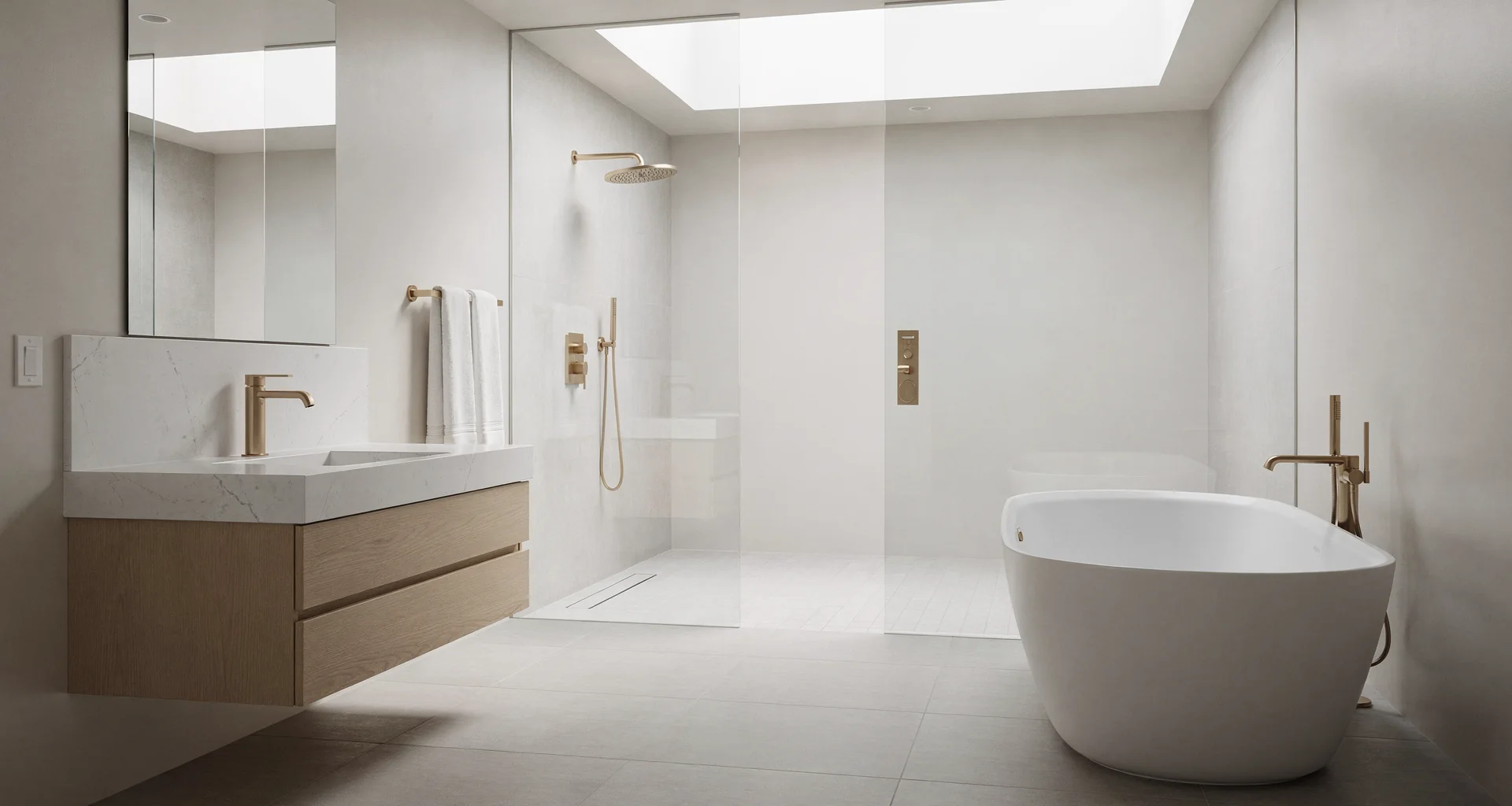 Contemporary bathroom suite with brass fixtures