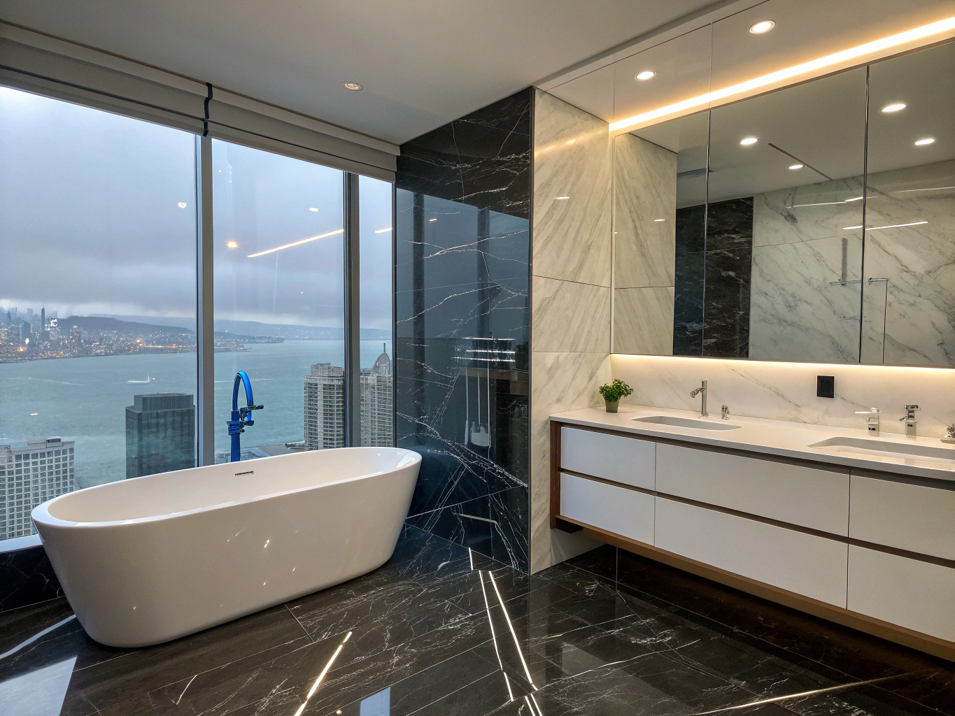 Renovated bathroom with curbless glass shower and stone vanity