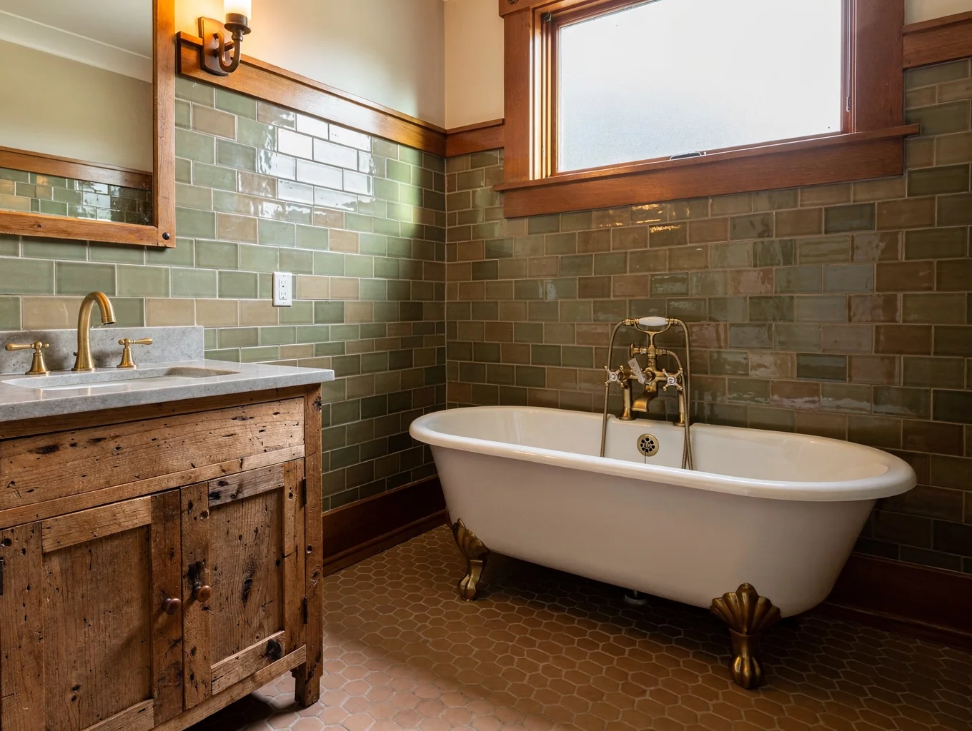 Renovated craftsman bathroom suite with handcrafted ceramic subway tiles and unlacquered brass hardware