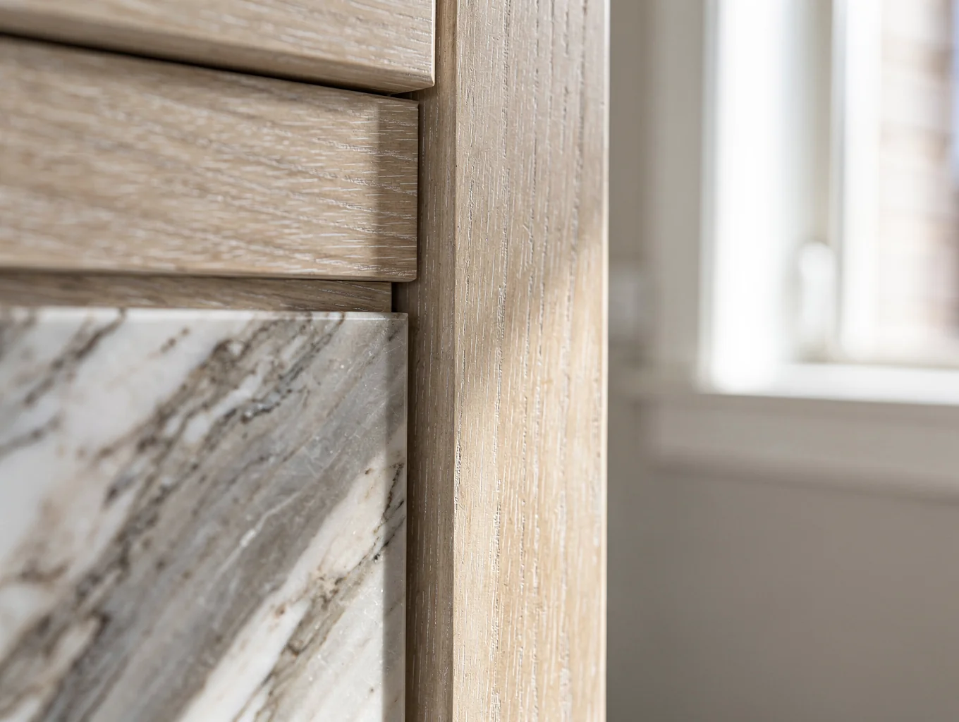 Close-up of custom wood joinery and natural stone countertop