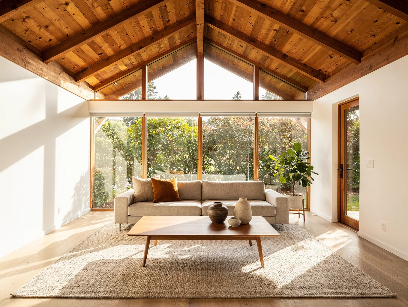 Whole home interior living renovation featuring vaulted wood ceilings and expansive floor plan