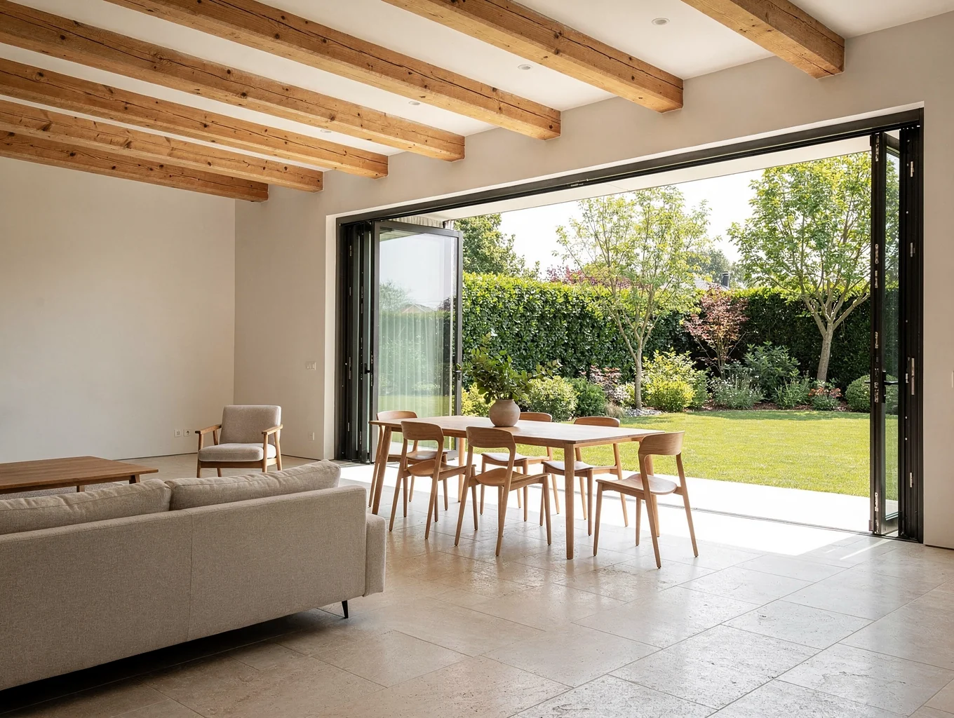 Open-concept home remodel with wood beams and garden doors