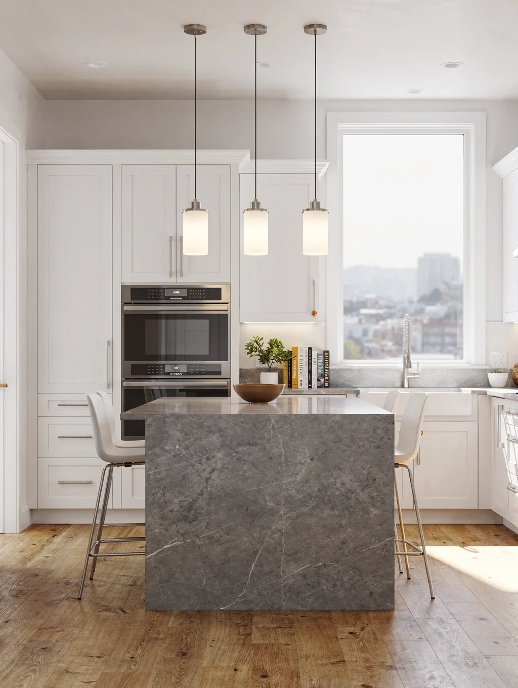 Light-filled remodeled kitchen in a San Francisco home featuring custom cabinetry and stone island